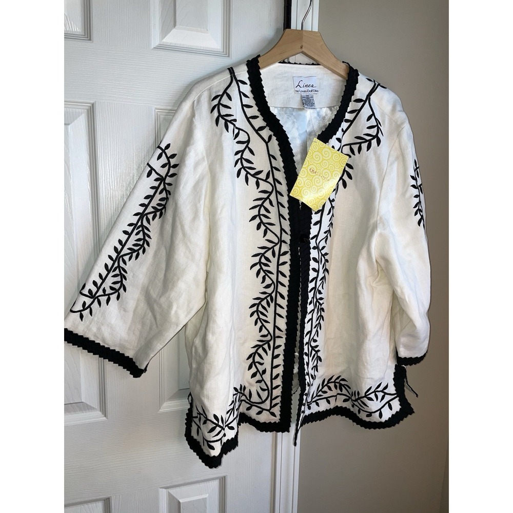 NEW QVC 3X Linea by Louis Dell'Olio embroidered 100% linen kimono jacket